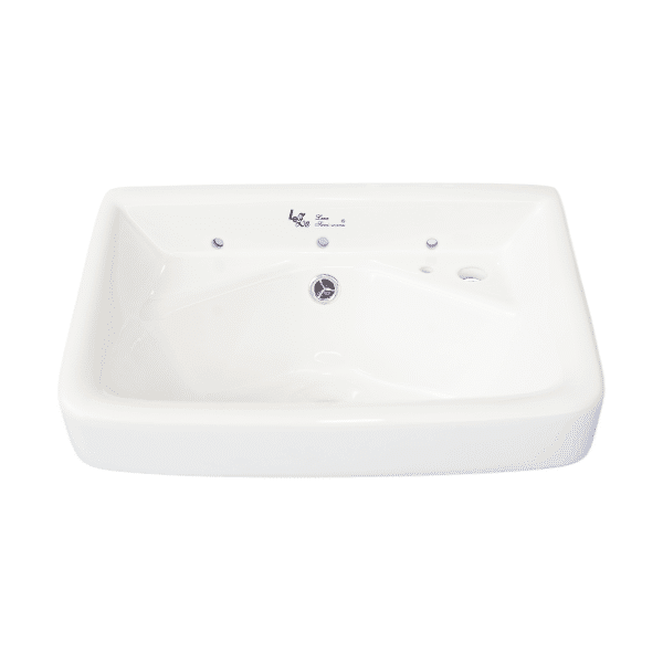 Wash basin, white semi-recessed wall mount basin HM283 bottom view, 421 x 309 mm.