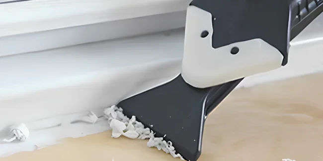 This photo shows how to use a silicone sealant shaping tool to clean up residual sealant around the edges after application, ensuring aesthetic appeal and durability after the silicone sealant dries.