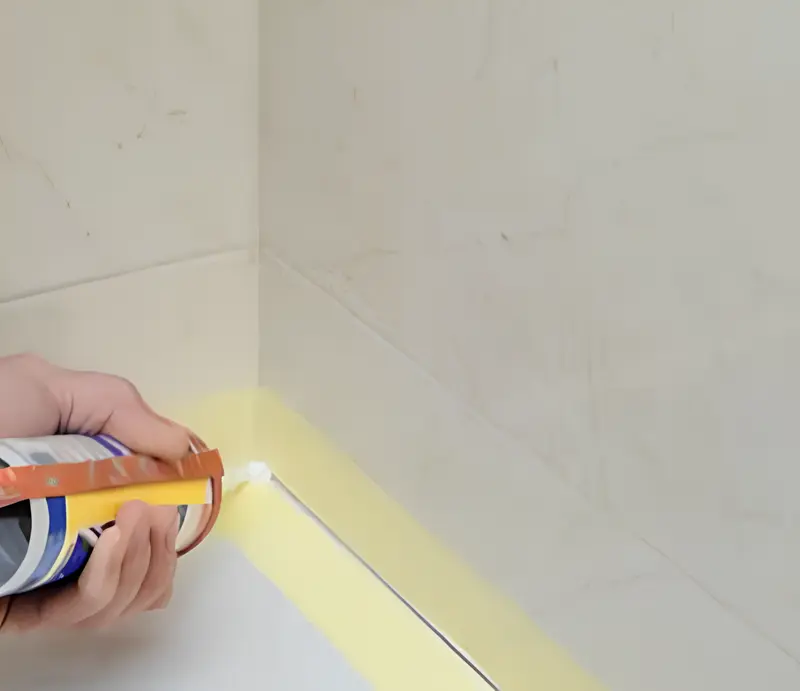 A man applying silicone sealant with a caulking gun in the corner of a bathtub, with masking tape protecting the surrounding area.