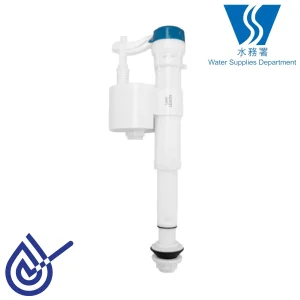 高品質入水閥，廁所水箱配件前視圖，方便安裝。 (High-quality inlet valve, toilet tank accessory front view, easy installation.)