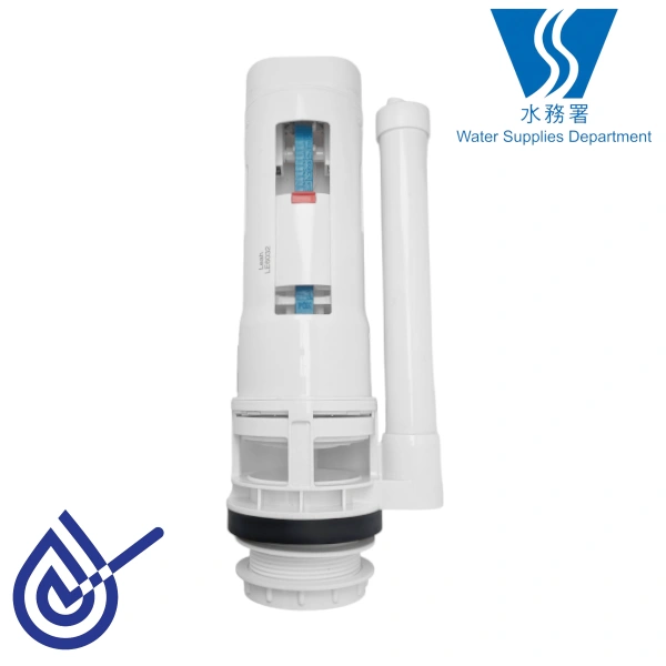 高质量出水阀 & 水箱配件组合 前视图，适合各种厕所款式。 (High-quality outlet valve & toilet tank accessory combination. Front view. Suitable for various toilet styles.)